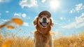 Happy dog with frisbee, wearing cap, playing fetch